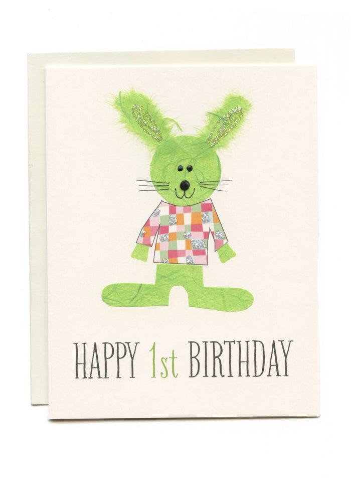 "Happy 1st Birthday" Bunny with Checkered Shirt