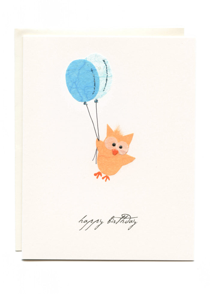 "Happy Birthday"  Orange Owl with Balloons