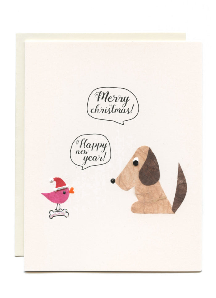 "Merry Christmas, Happy New Year"  Dog and Bird