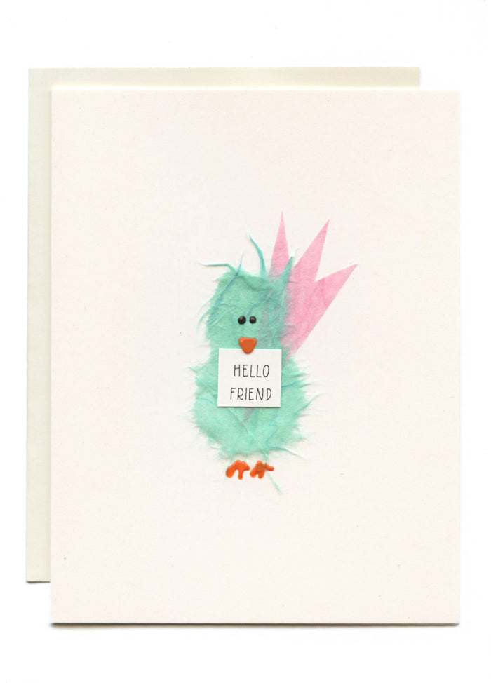 "Hello Friend"  Pretty Bird with Sign