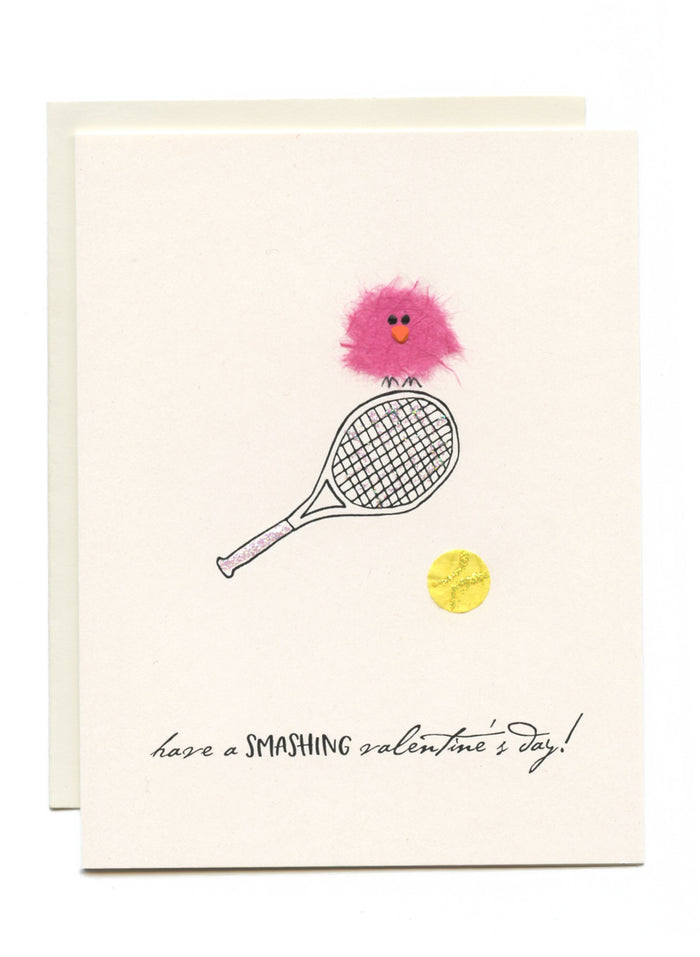 "Have a SMASHING valentine's day!" Bird on Tennis Racket