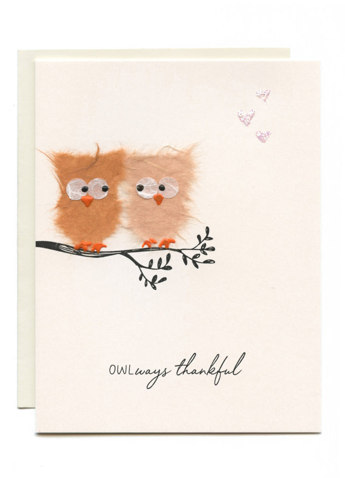 "OWLways thankful" Owls on a Branch w Hearts