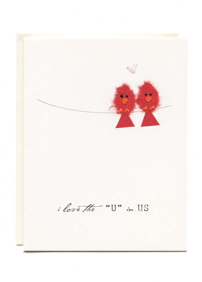 "I Love the U in US"  Two birds on a wire
