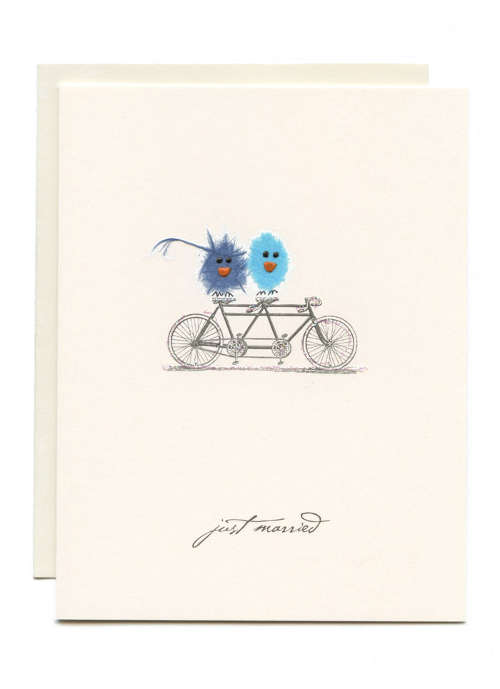 "Just Married" Two Birds on Bike