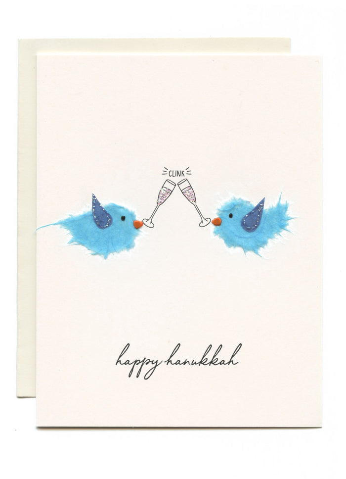 "CLINK! Happy Hanukkah" Birds w Champagne