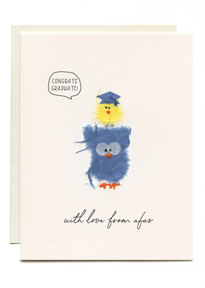 "GONGRATS GRADUATE - with Love From Afar" Blue Owl and Yellow Bird