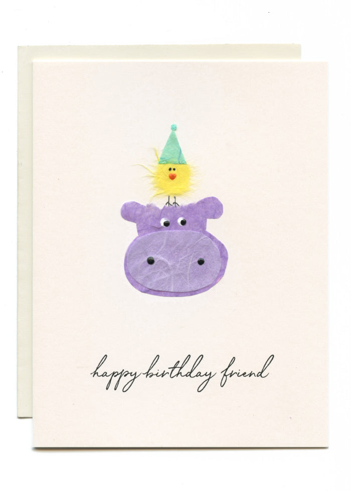 "Happy Birthday Friend" Hippo with Yellow Bird