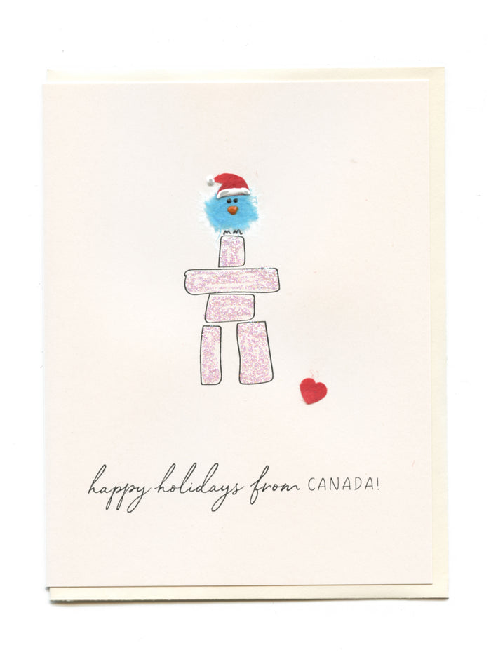 "Happy Holidays From Canada!" Bird on Inukshuk