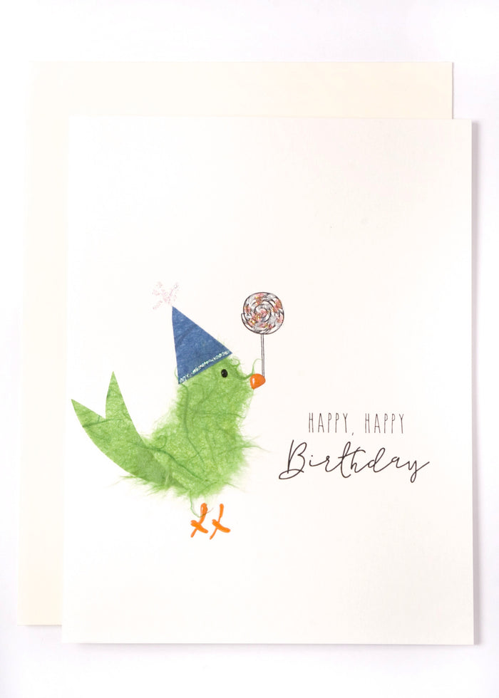 "Happy, Happy Birthday"  Green Bird with Lollipop