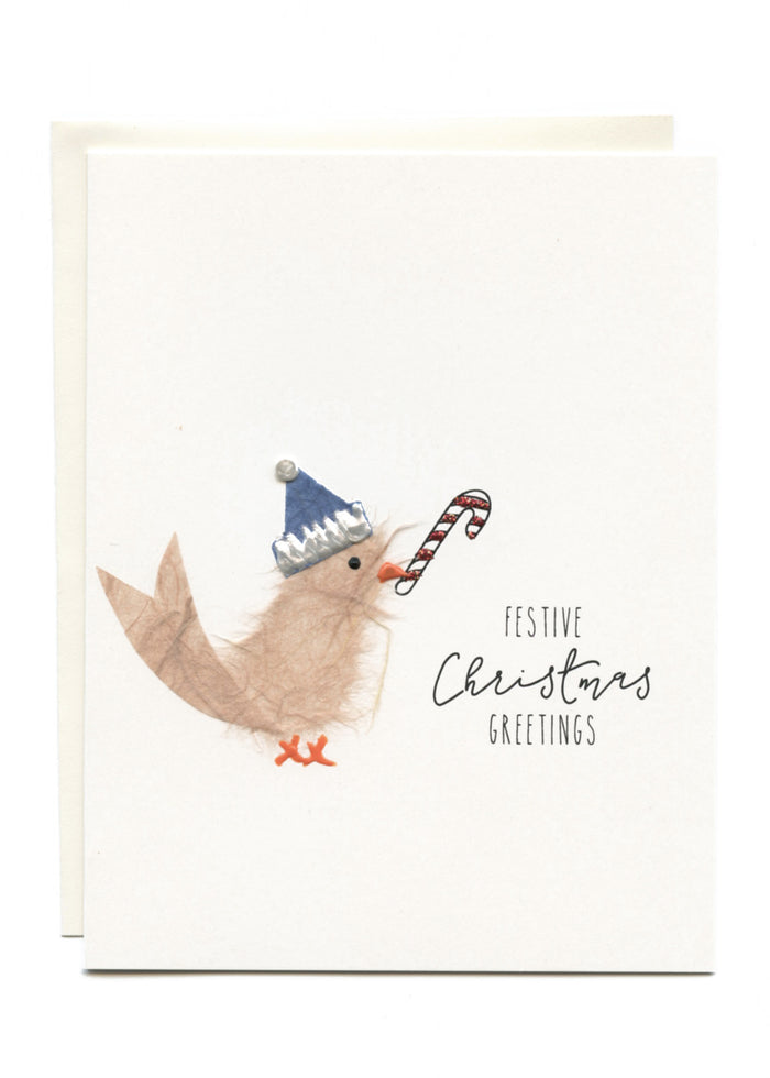 "Festive Christmas Greetings"  Bird with Candycane